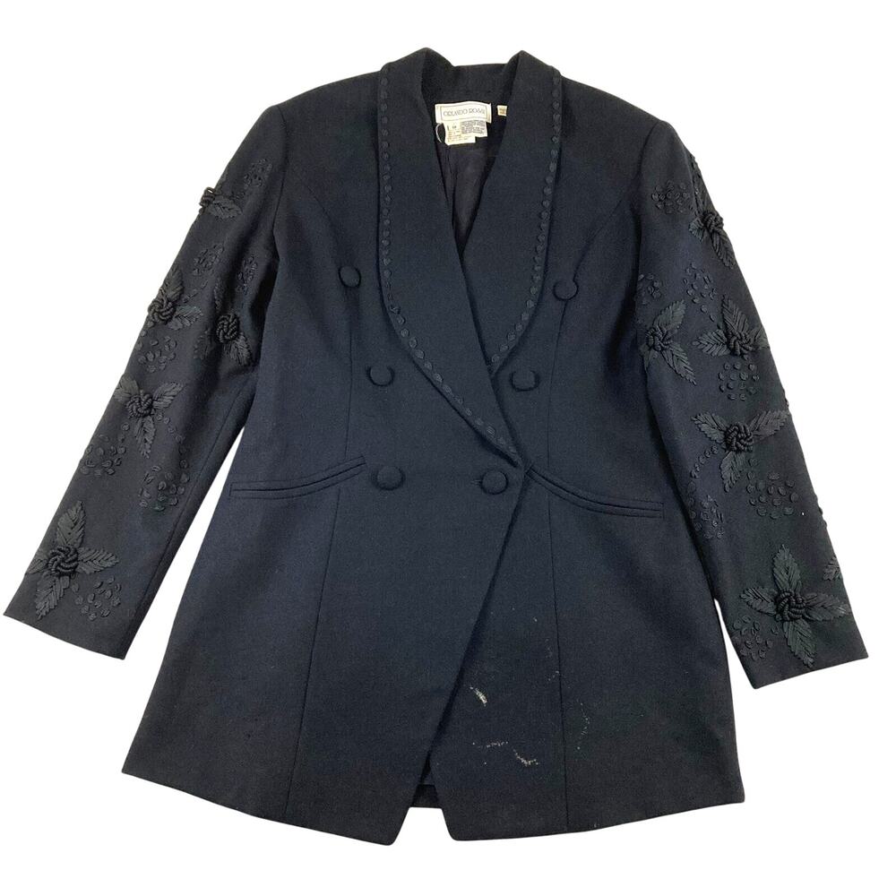 Orlando Rossi Blazer Size 12 Black Embellished Wool Jacket Textured Floral